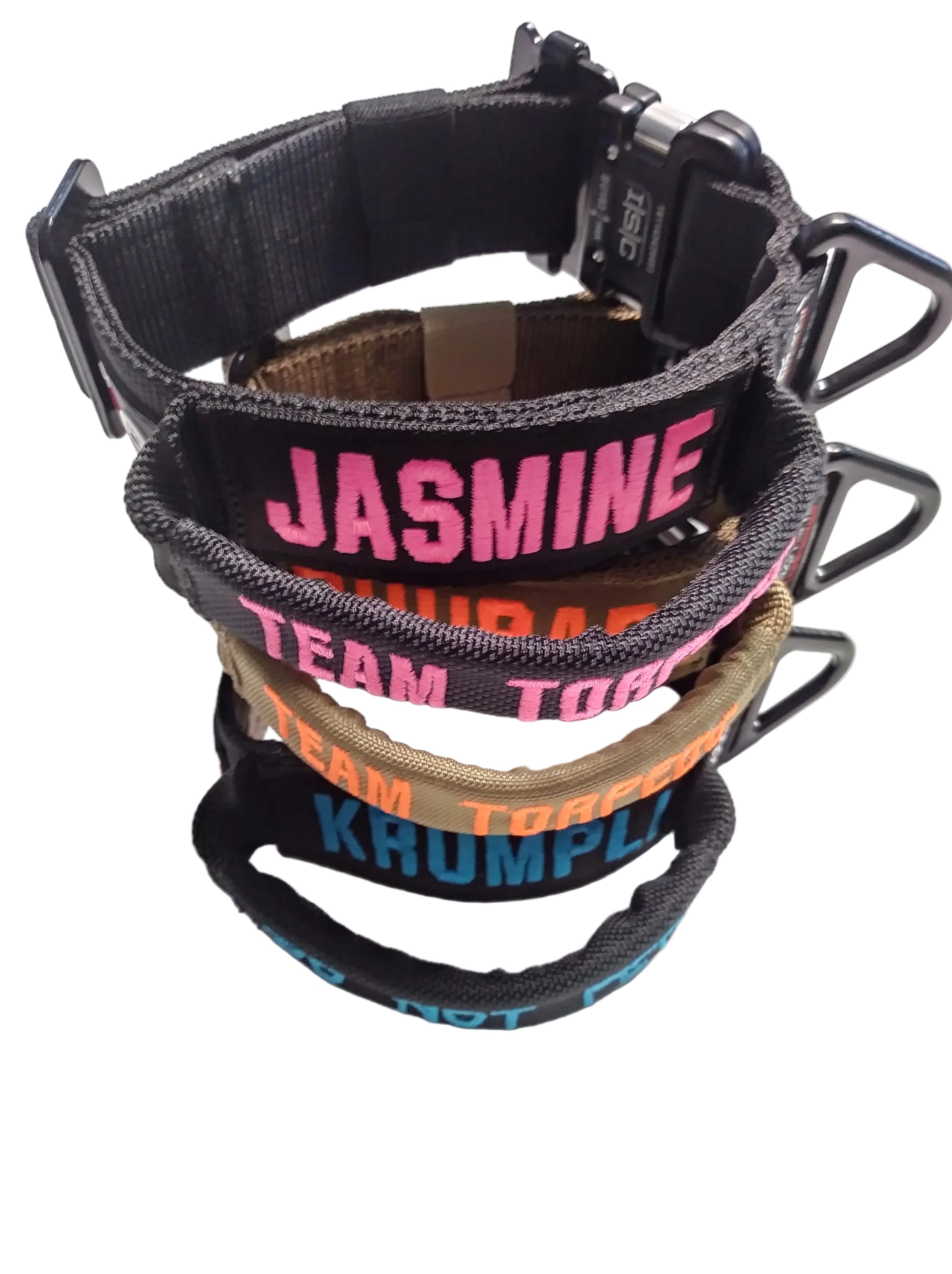Tactical dog collar with handle displayed in various colors and ID patches for customizable dog gear.