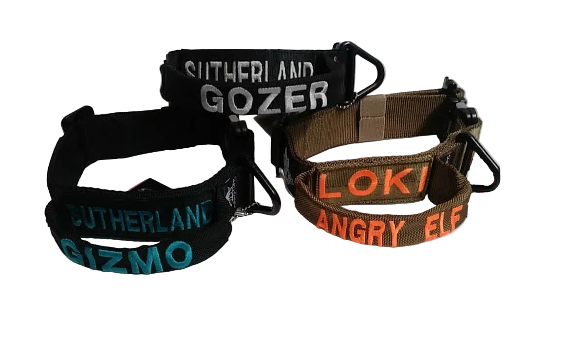 Tactical dog collar with handle showcasing three personalized collars with names Sutherland, Gozer, Loki, Gizmo, and Angry Elf.