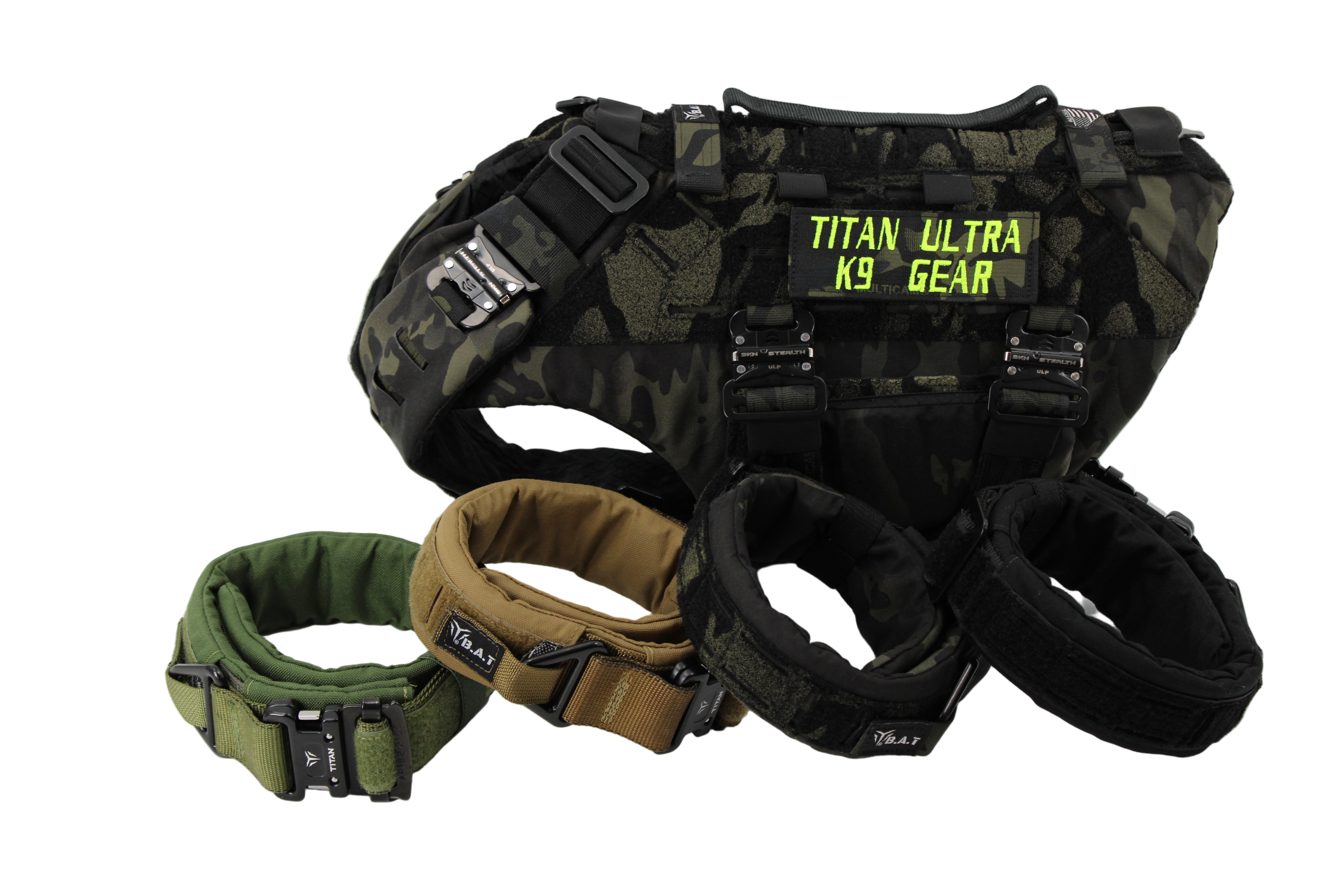 Close-up of the B.A.T K9 Ballistic Protection System showing snag-resistant tactical hardware