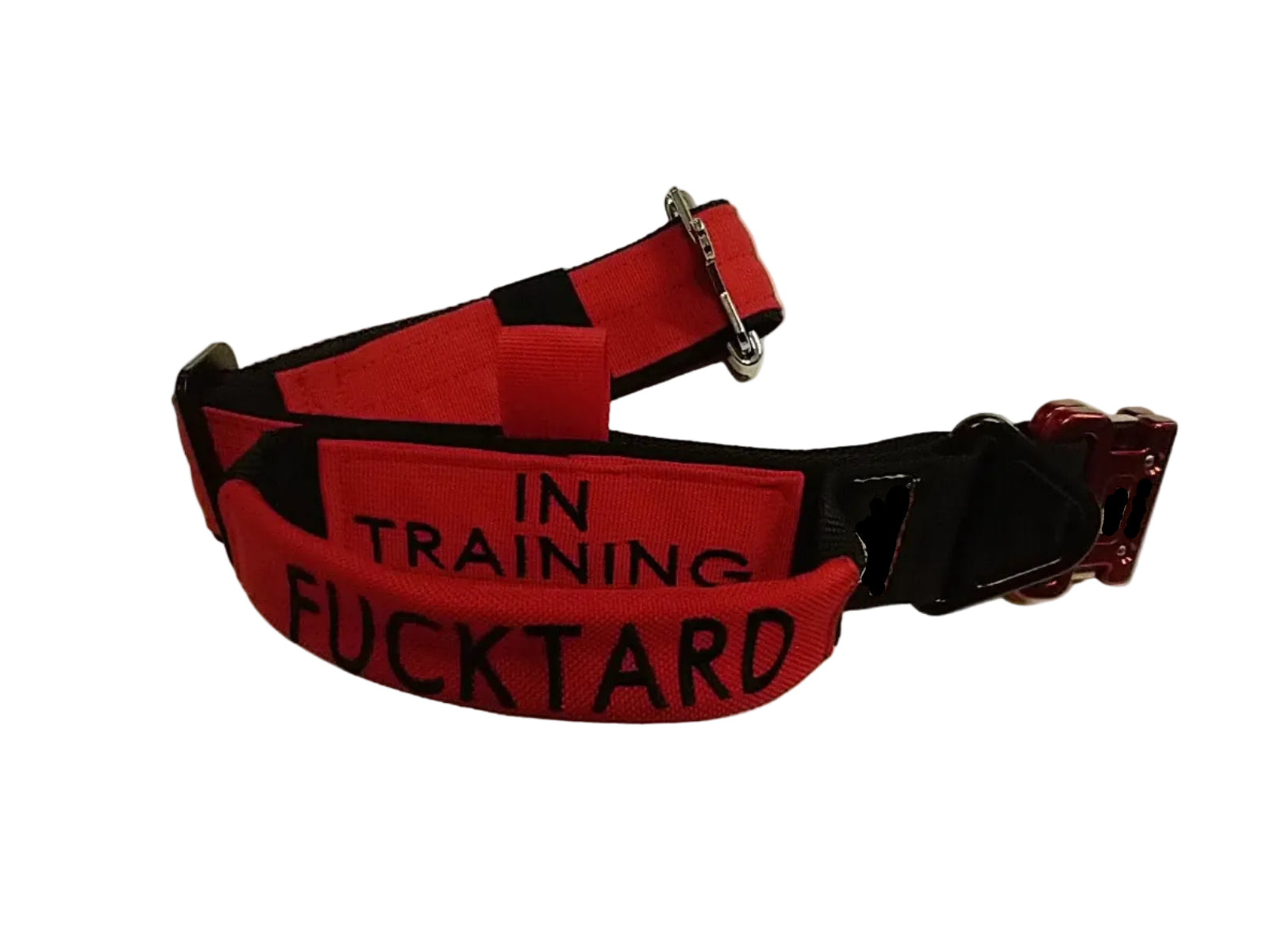 Tactical dog collar with handle featuring a red design and an ID patch stating 'IN TRAINING FUCKTARD'.